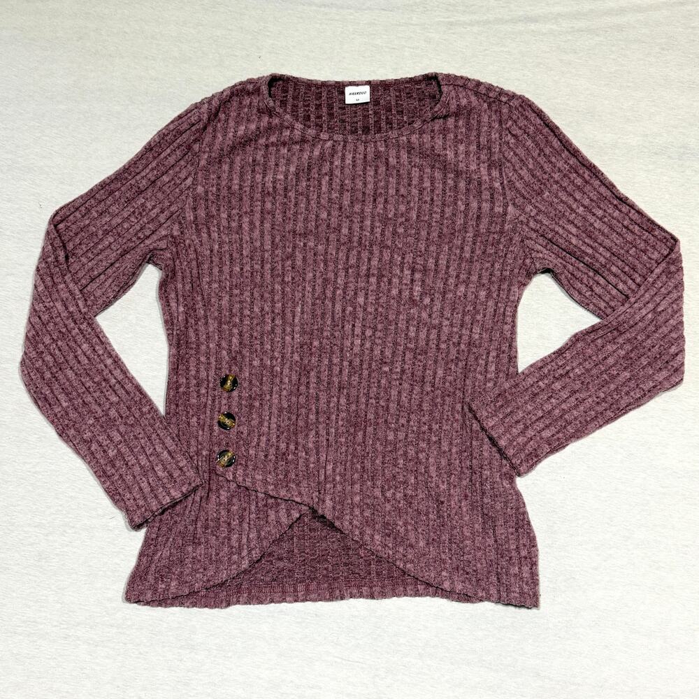 XIEERDUO Women's M Mauve Rib Knit Faux Wrap Button Accent Top